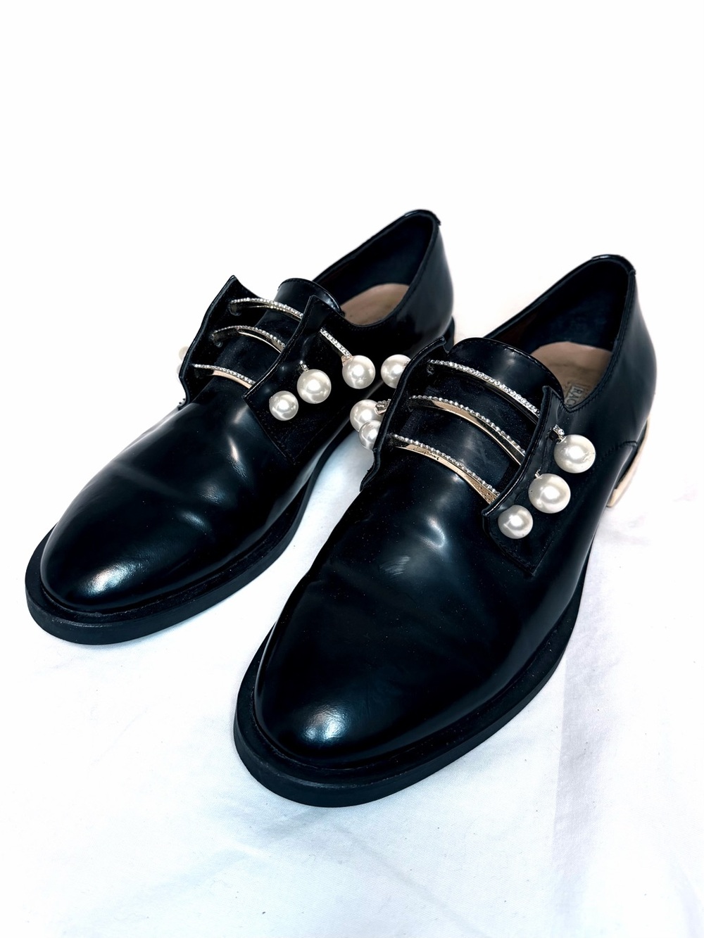 Women’s Black Pearl-Embellished Leather Loafers
